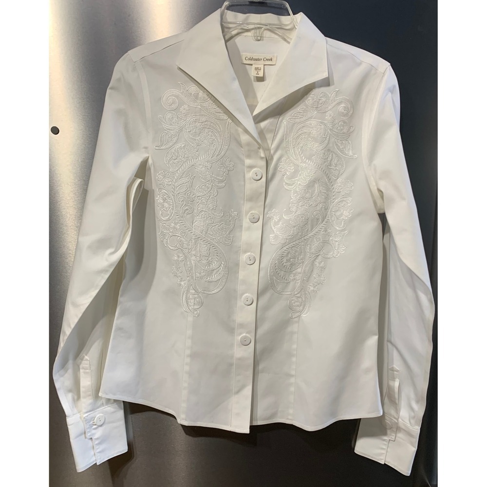 Coldwater Creek Crisp White Embroidered Western Coastal Grandma Boho Revival-  S
